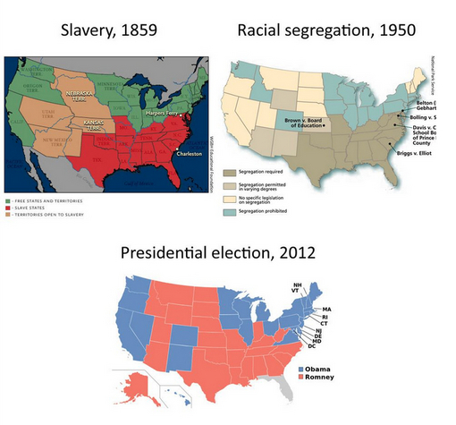 Maps showing striking corellations among slave states in 1859, segregated states in 1950, and states that President Obama carried in 2012